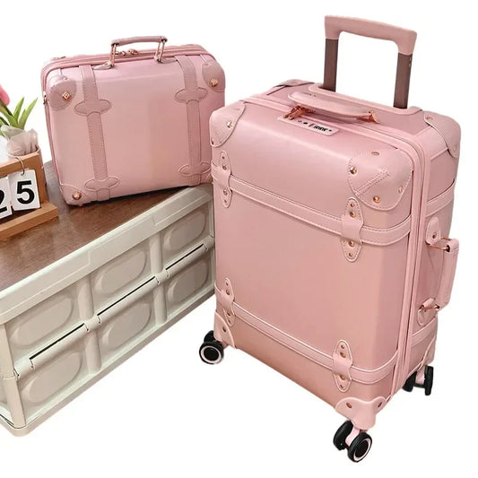 Vintage Leather Women Luggage Set 20in Carry-On + 24/26in Checked Suitcase Luxury Travel Trolley Case with Pink Handbag