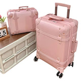 Vintage Leather Women Luggage Set 20in Carry-On + 24/26in Checked Suitcase Luxury Travel Trolley Case with Pink Handbag