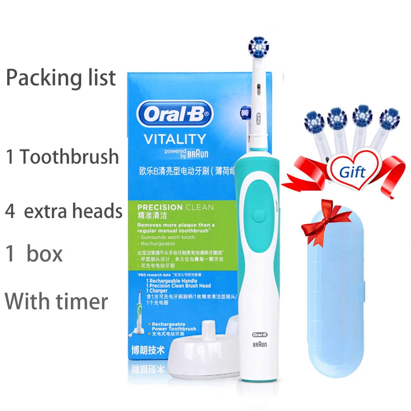 Cepillo de dientes eléctrico Oral B para adultos, recargable, con rotación, blanqueamiento 3D y cabezales de regalo.