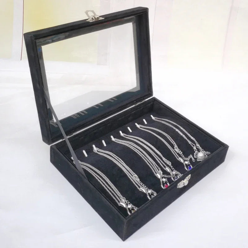 Caja de joyería negra, caja para pulseras, caja para collares, caja pequeña arqueada, caja de exhibición, caja de almacenamiento de joyas con cubierta de franela