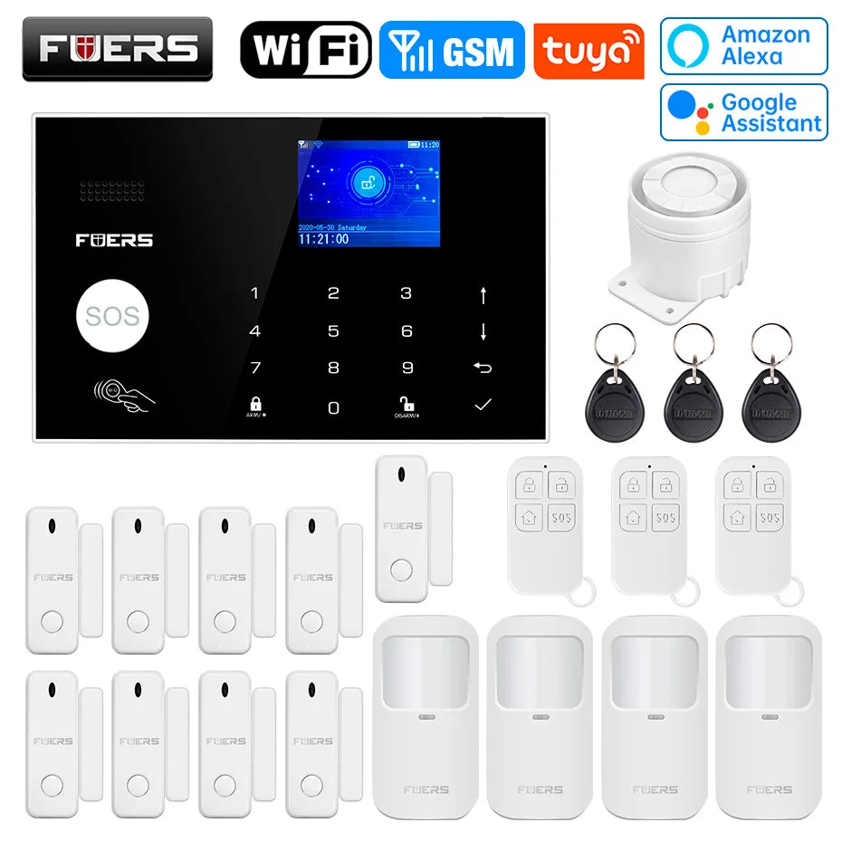 FUERS WIFI GSM Alarm System Wireless Home Burglar Security Alarm System Tuya APP Control Siren Motion Detector PIR Smoke Sensor