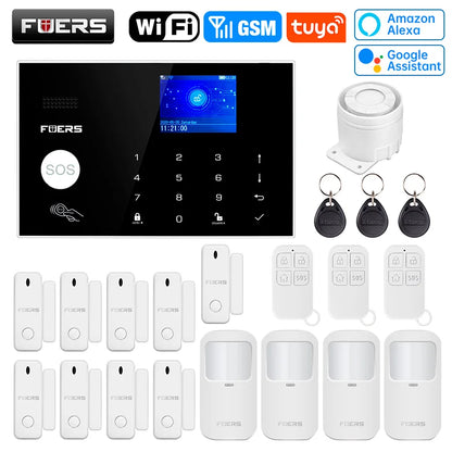 FUERS WIFI GSM Alarm System Wireless Home Burglar Security Alarm System Tuya APP Control Siren Motion Detector PIR Smoke Sensor