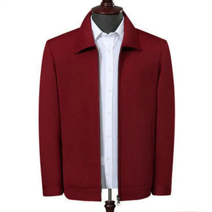 Chaqueta elegante para hombre de mediana edad con solapa y bolsillos con cierre de cremallera para negocios formales o ropa informal en primavera y otoño.