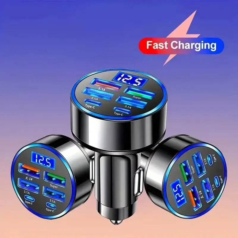 300W PD Car Charger 6 Ports Fast Charging QC3.0 USB C Car Phone Charger Type C Adapter Dual PD Super Fast with Digital Display