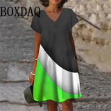 2025 Summer Fashion Plus Size Dresses 6XL Women V-Neck Short Sleeve Mini Dress Casual Daily Gradient Striped Large Size Dress