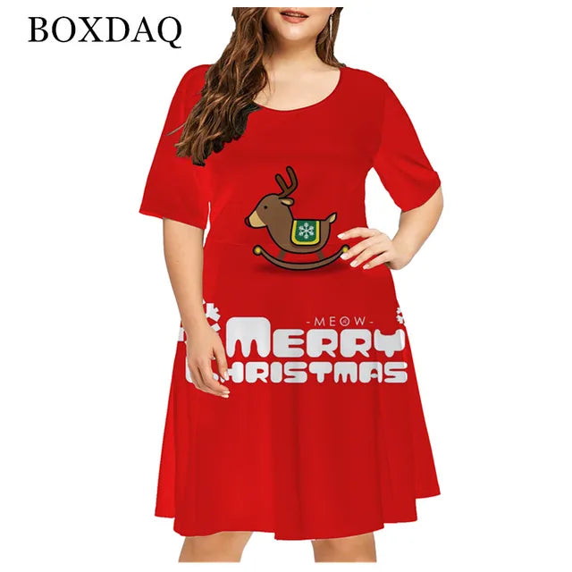 Vestido rojo holgado con estampado navideño para mujer, Navidad, muñeco de nieve, copo de nieve, alce, manga corta, talla grande, divertido, bonito, a la moda, 6XL 