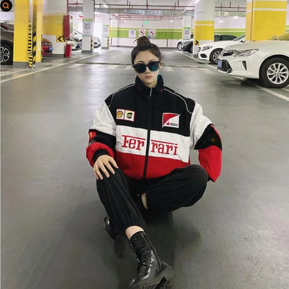 European American 2024 Spring Autumn New Cross Border Amazon F1 Rally Color Blocked Embroidered Long Sleeved Motorcycle Jacket