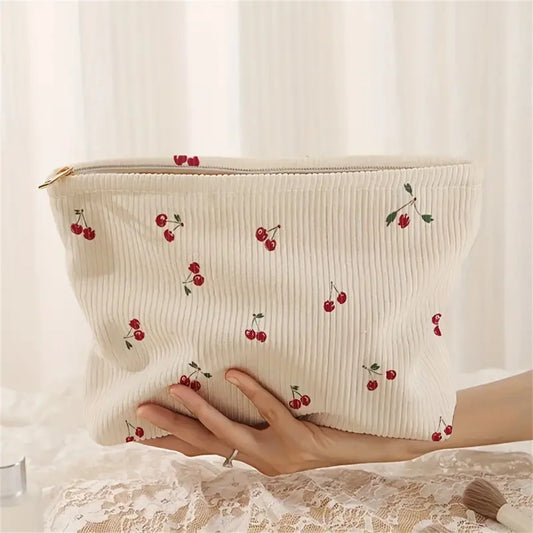 Portable Makeup Bag Winter Cute Cherry Makeup Bag Corduroy Cosmetic Bag Corduroy For Everyday Use Makeup Travel