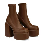 2024 Winter Women's Mid-tube Platform Boots Grotesque Heels Plus Size Boots Sleeve Shoes Square Toe Monochrome High Quality 
