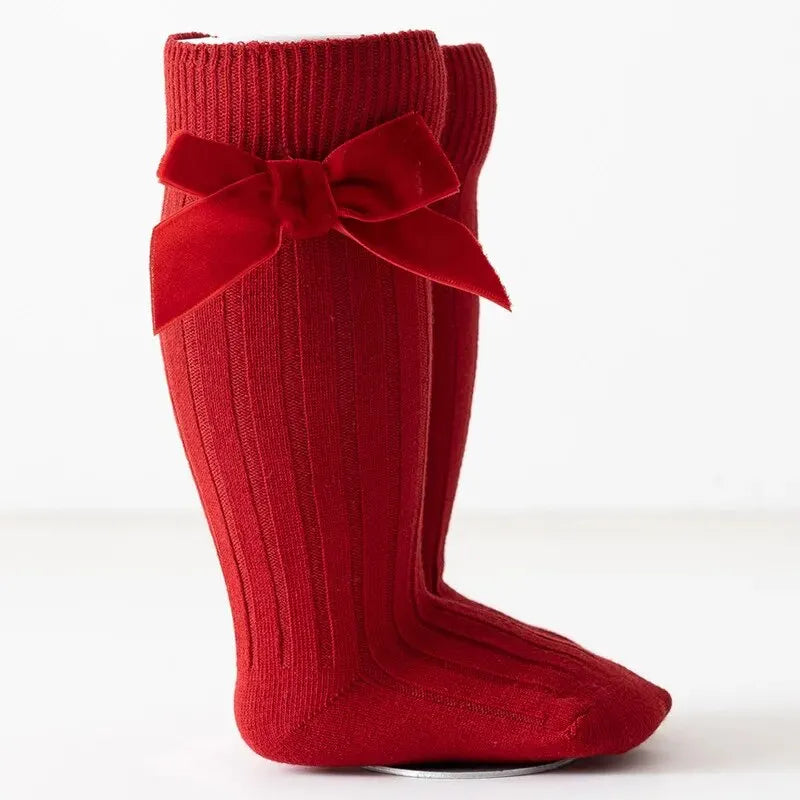2 par/lote de calcetines de Navidad para bebés y niñas, calcetín largo hasta la rodilla con lazo grande para niños pequeños, calcetines rojos de algodón suave para recién nacidos de 0 a 5 años