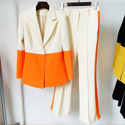 HIGH QUALITY Newest 2025 Star Style Fashion Designer Runway Suit Set Women's Single Button Color Block Blazer Flare Pants Suit