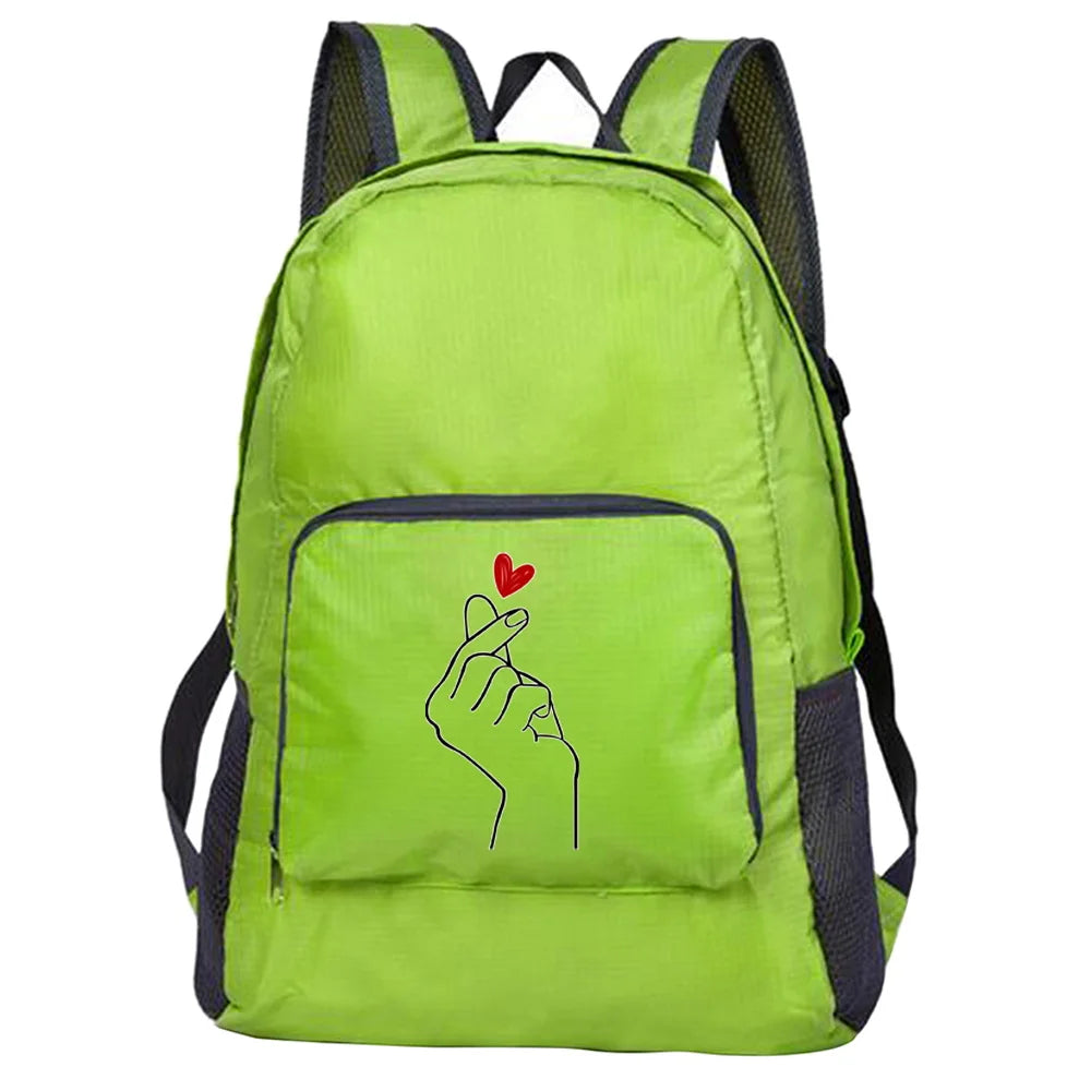Outdoor Travel Lightweight Portable Foldable Backpack Love Print Folding Green Bag Ultralight Pack for Women Men Hiking Daypack