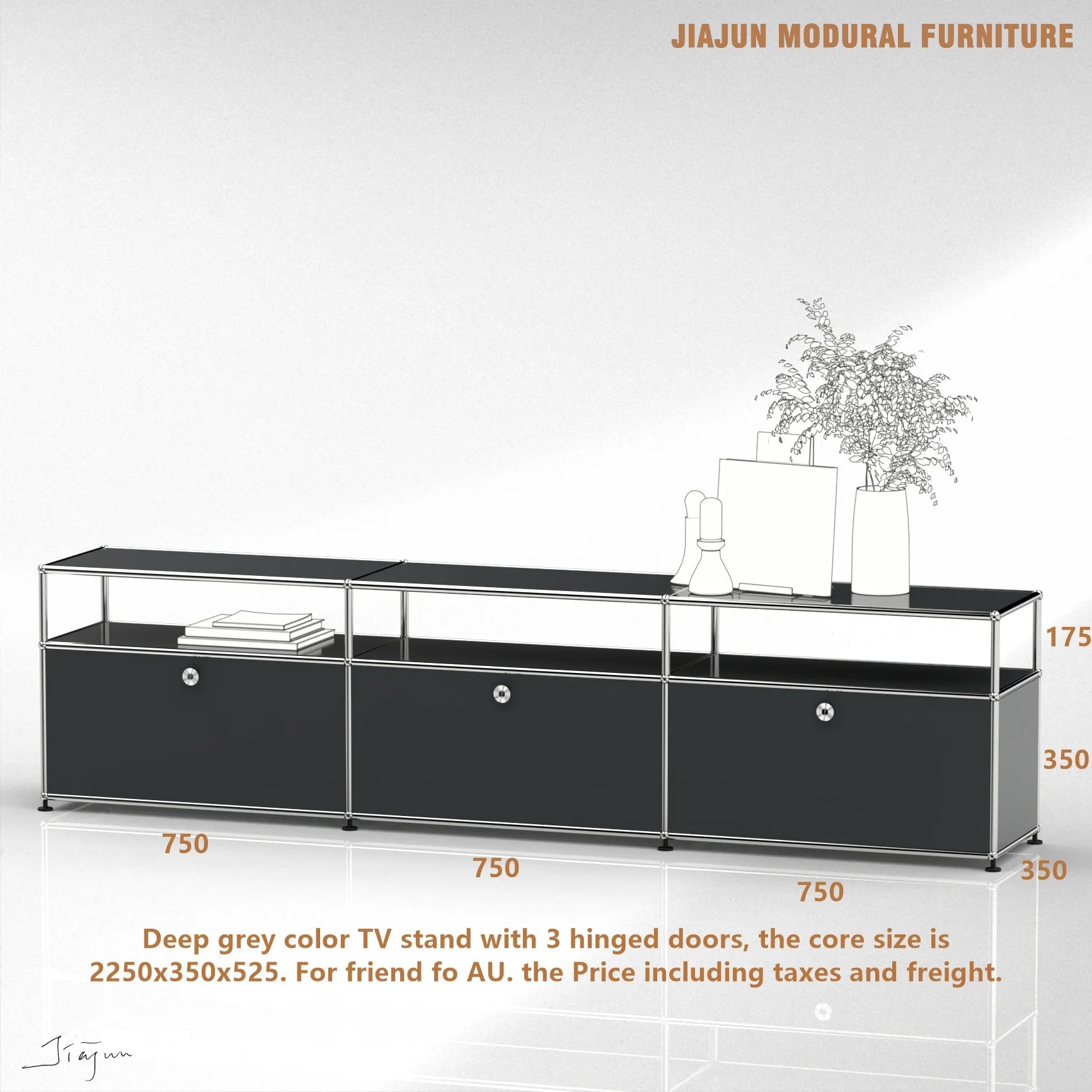 Modern Modular Low TV Cabinet｜3-Tier Sideboard with Drop Doors｜Steel Frame Storage Bench Unit | Minimalist Low Media Console