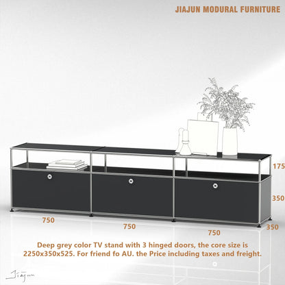 Modern Modular Low TV Cabinet｜3-Tier Sideboard with Drop Doors｜Steel Frame Storage Bench Unit | Minimalist Low Media Console