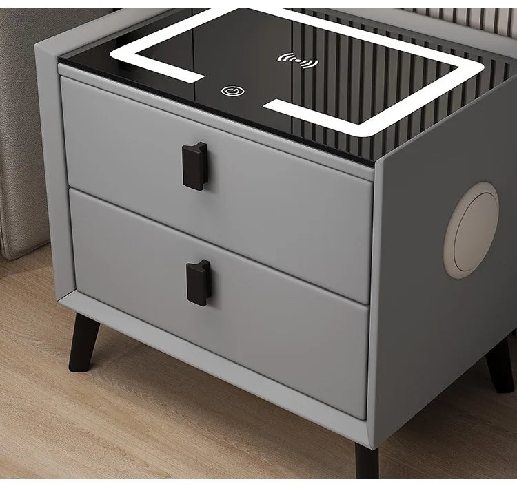 Nordic Style Smart Bedside Table with 2 Drawers 50cm Leather Nightstands with Wireless Charging Home Side Cabinet with USB