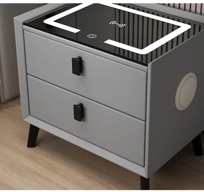 Mesita de noche inteligente de estilo nórdico con 2 cajones, mesitas de noche de cuero de 50 cm con carga inalámbrica, mueble auxiliar para el hogar con USB