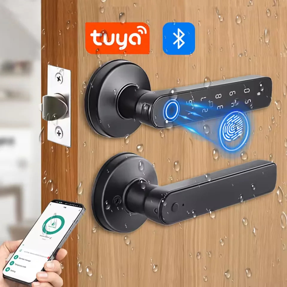 Tuya App Bluetooth Smart Fingerprint Door Lock Password Mechanical Key NFC Unlocking For Wooden Door Handle Lock IP54 Rainproof