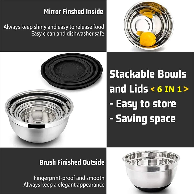 Mixing Bowls with Lids and Non-Slip Bases, Stainless Steel Mixing Bowls Set for Baking, Nesting Storage Bowls, JT227, 6 Pcs