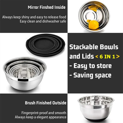 Mixing Bowls with Lids and Non-Slip Bases, Stainless Steel Mixing Bowls Set for Baking, Nesting Storage Bowls, JT227, 6 Pcs