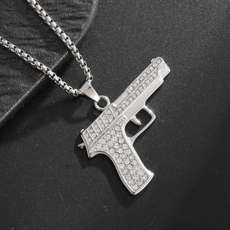 Collar con colgante de circón con incrustaciones de rifle de asalto punk M416 para hombre, estilo hip hop rock, joyería moderna, regalo para niño 
