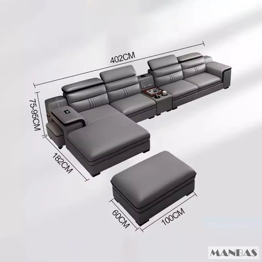 MINGDIBAO Leather Sectional Sofa Set with Cup Holder, USB, Adjustable Headrests & Bluetooth Speaker Living Room Couch with Stool