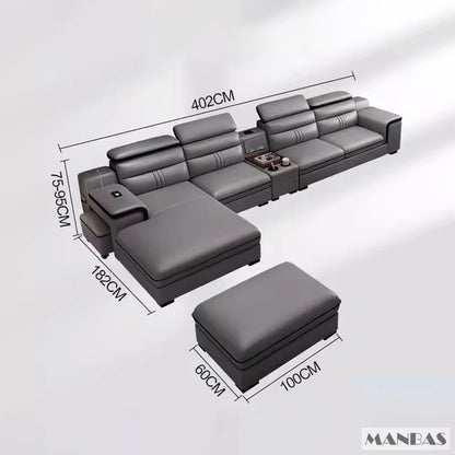 MINGDIBAO Leather Sectional Sofa Set with Cup Holder, USB, Adjustable Headrests & Bluetooth Speaker Living Room Couch with Stool