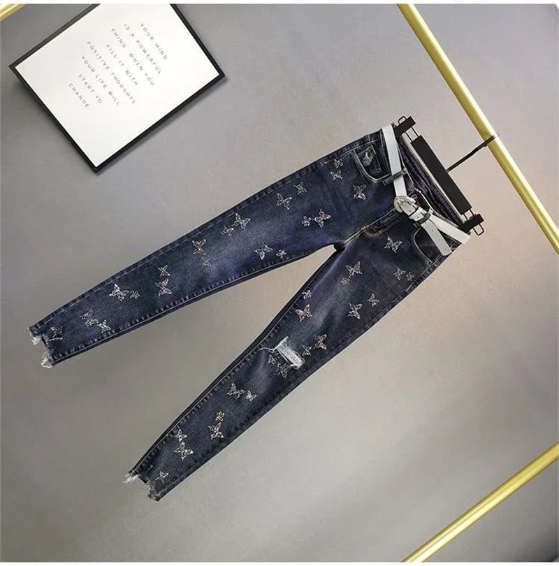 Pantalones vaqueros de cintura alta para mujer, versión coreana, elásticos, con diamantes de imitación, primavera y verano de 2024