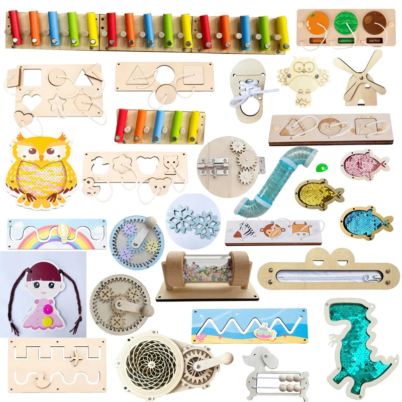 DIY Montessori  Busy Board Material Accessories Rainbow Card Water Pipe Aid Early Education Learning Skill Toy Wooden Toys Gifts