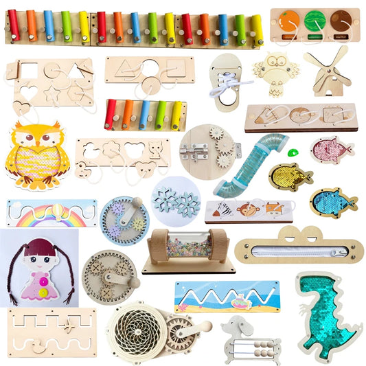DIY Montessori  Busy Board Material Accessories Rainbow Card Water Pipe Aid Early Education Learning Skill Toy Wooden Toys Gifts