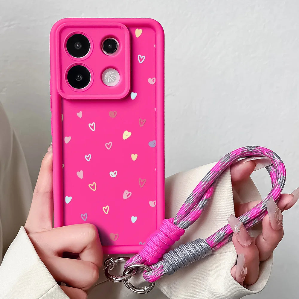 Wrist Chain Lanyard Case For Xiaomi 14T 13T 12T 11T 15 14 12 13 Pro Lite Poco X7 X6 X5 F5 F6 Pro Colorful Love Heart Cover