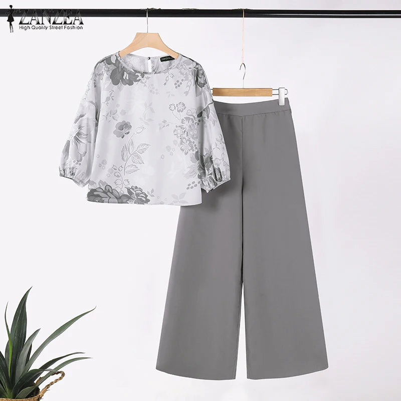 ZANZEA - Conjunto de 2 piezas de chándal para mujer, pantalones de primavera, blusa de manga 3/4, pantalones de pierna ancha, traje informal, conjunto estampado a juego
