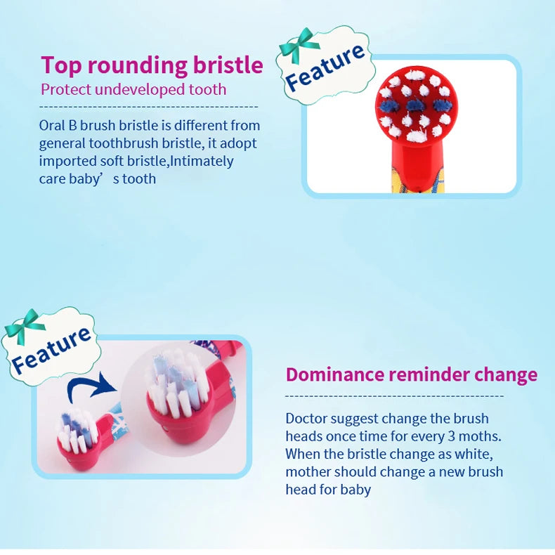 Oral B Electric Toothbrush Soft Bristle Protect Gum for Kid Waterproof Timer Teeth Brush with Extra Supplement Brush Head Refill