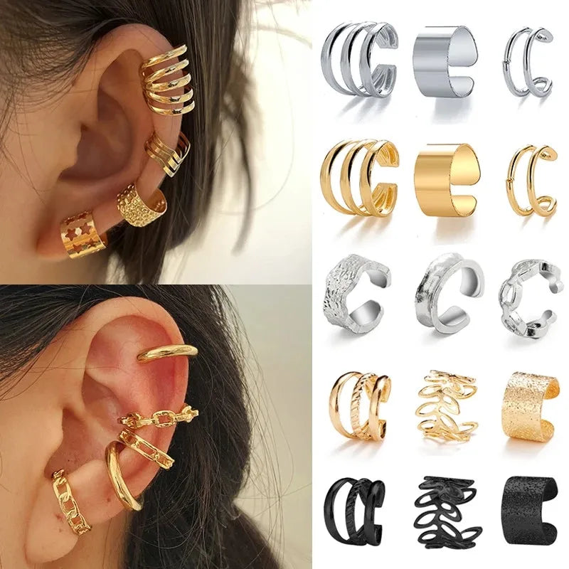 Silver Color Leaves Clip Earrings for Women Men Creative Simple C Ear Cuff Non-Piercing Ear Ear Clip Set Trend Jewelry Gift