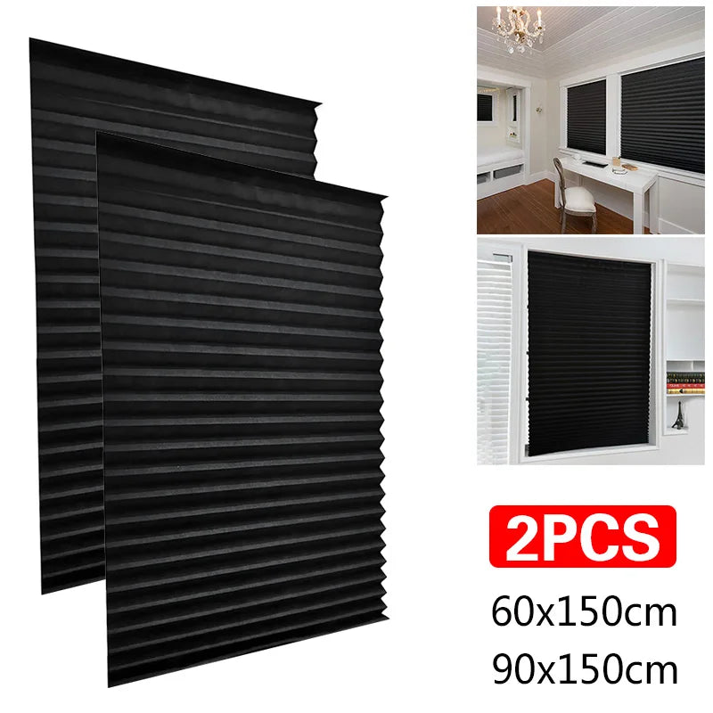 2pcs Self-adhesive Pleated Blackout Blinds Non-woven Folding Curtains For Kitchen Bathroom Balcony Shades Home Windows Decor