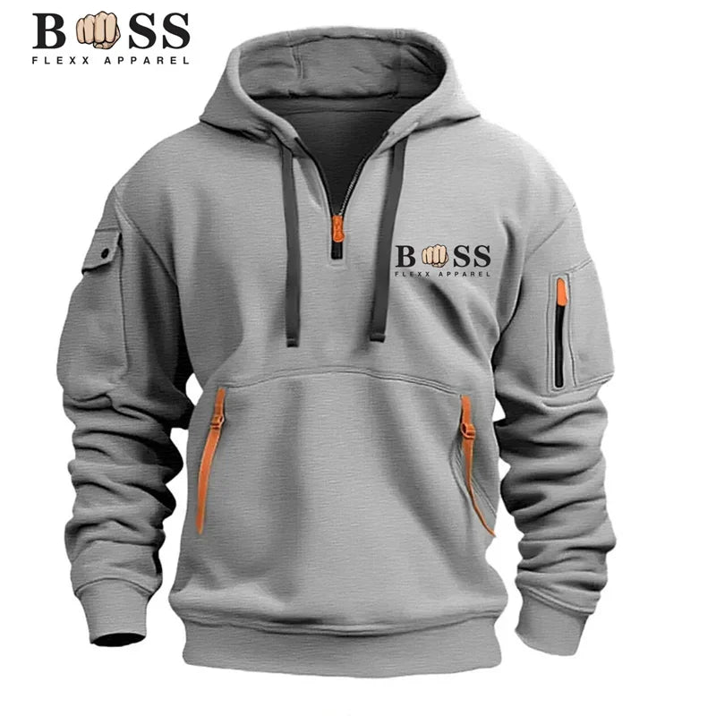 Men's hooded sweatshirt, casual sports pullover, retro Harajuku long-sleeved zipper, multiple pockets, casual loose jacket, stre