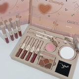 QIBEST Multipurpose Makeup Set 4pc Double Head Lip Glaze, Face Pressed Powder,Blusher,Eyeshadow, Eyebrow Pencil,Eyeliner,Lip Oil