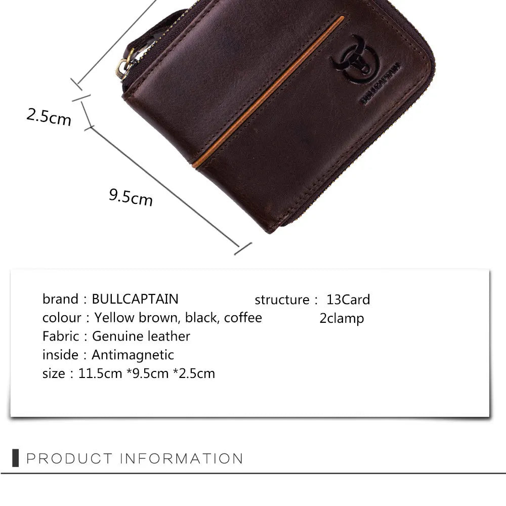 Bullcaptain Genuine Leather Men Short Wallet Casual Men's Coin Purse Vintage Male Zipper Card Holder Luxury Money Bags JYB022