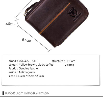 Bullcaptain Genuine Leather Men Short Wallet Casual Men's Coin Purse Vintage Male Zipper Card Holder Luxury Money Bags JYB022