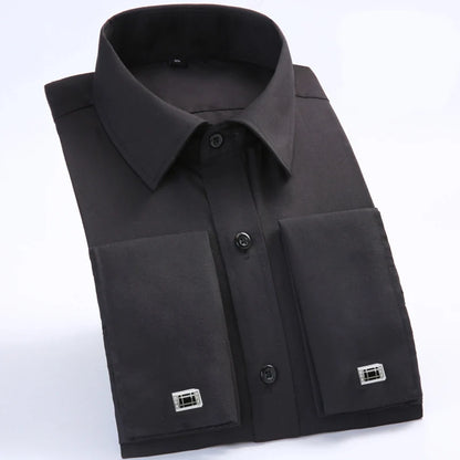 Camisa clásica de vestir para hombre con puños franceses, corte estándar, manga larga, para bodas, fiestas, oficina, trabajo, color blanco
