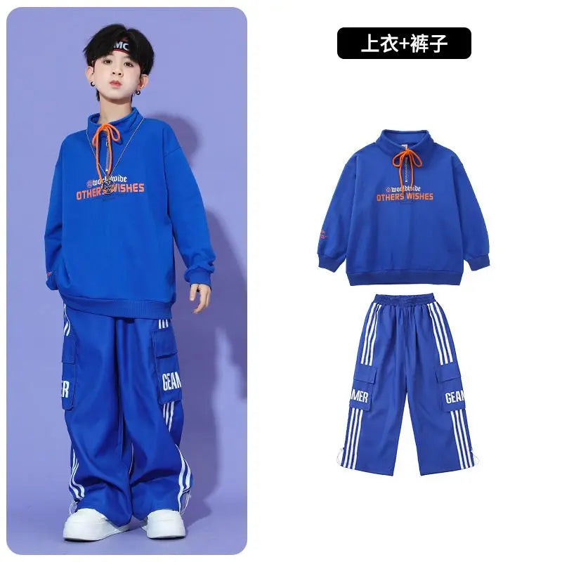 Boys Hip Hop Pullover Street Dance Cargo Pants Girls High Collar Sweatshirt Outfits Kids Jazz Sport Clothes Set Child Streetwear