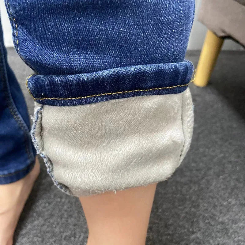 Women's Thermal Jeans Winter Snow Warm Plush Stretch Jeans Lady Skinny Thick Fleece Denim Long Pants Retro Blue Pencil Trousers