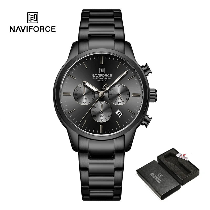 NAVIFORCE NF8076 Sports Watches for Men Stainless Strap Quartz 3ATM Waterproof Shockproof New Fashionable Clock