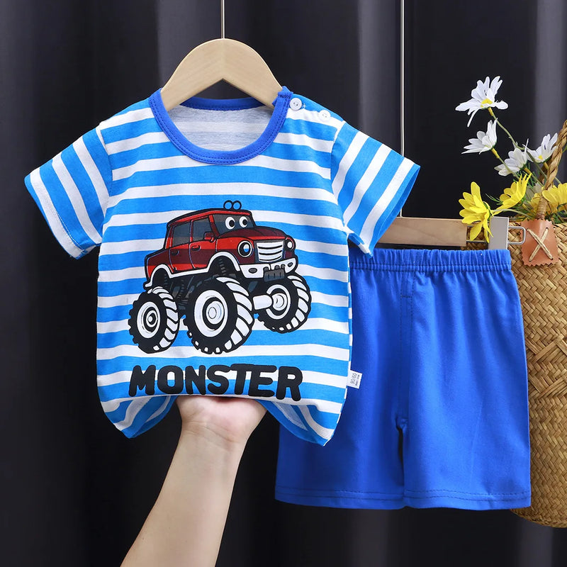 New Boys Summer Clothing Set Full Bear Print Cotton Short Sleeve T-shirts and Shorts 2PCS Breathable Outfit For Girls