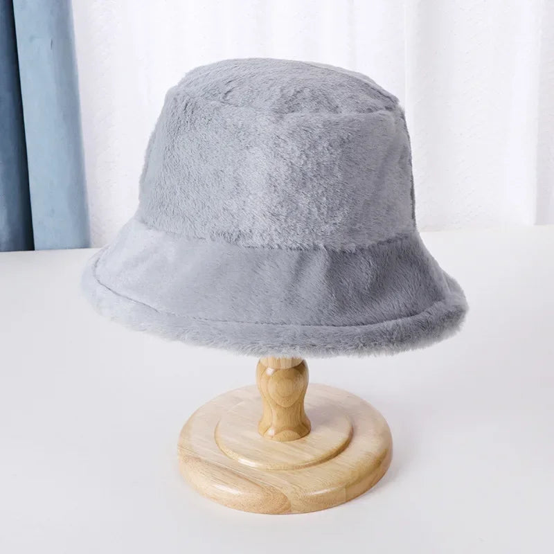 Winter Rabbit Plush Fisherman Hats for Women Girl Bucket Hat Windproof Leopard Soft Faux Fur Wide Brim Lady Women Artist Cap