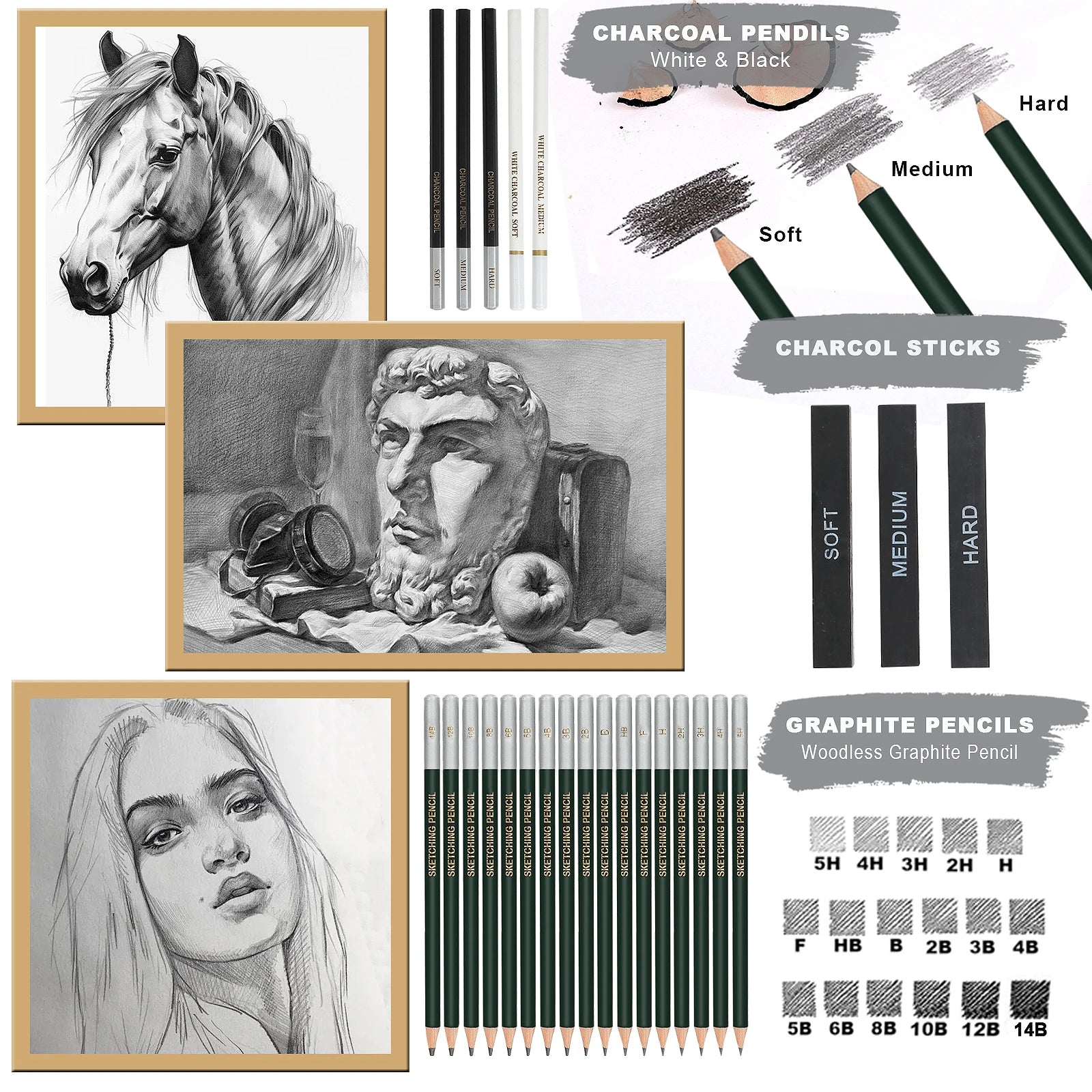 20/54/58/70/144 Drawing And Sketching Kit | Portable Travel Case | Graphite, Charcoal, White Color | Featuring Blending Stump