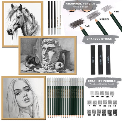20/54/58/70/144 Drawing And Sketching Kit | Portable Travel Case | Graphite, Charcoal, White Color | Featuring Blending Stump