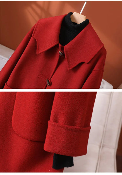 2025 Fashion Large Lapel Horn Button Women's Coat Autumn and Winter New Double-Sided Woolen 100%Pure Wool Warm Coat Large Pocket