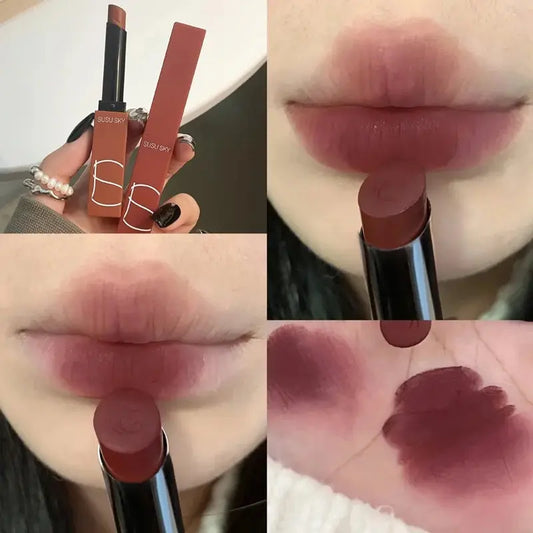 TX010 Labial mate de tubo fino, resistente al agua y al sudor, no se desvanece ni se desmaquilla, se puede usar tanto en labios como en mejillas.