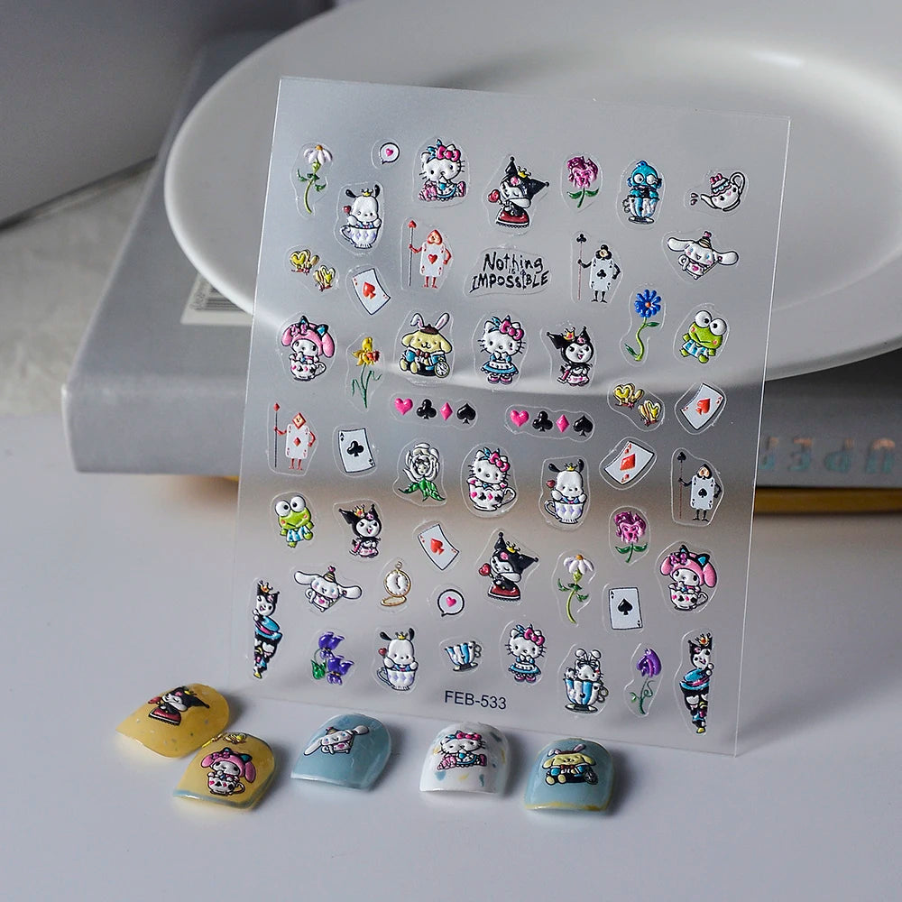 Sanrio Anime 5D Nail Stickers Hello Kitty Kurome Cartoon Stickers Nail Decoration Cute Melody Nail Art Decals Nail Art Supplies