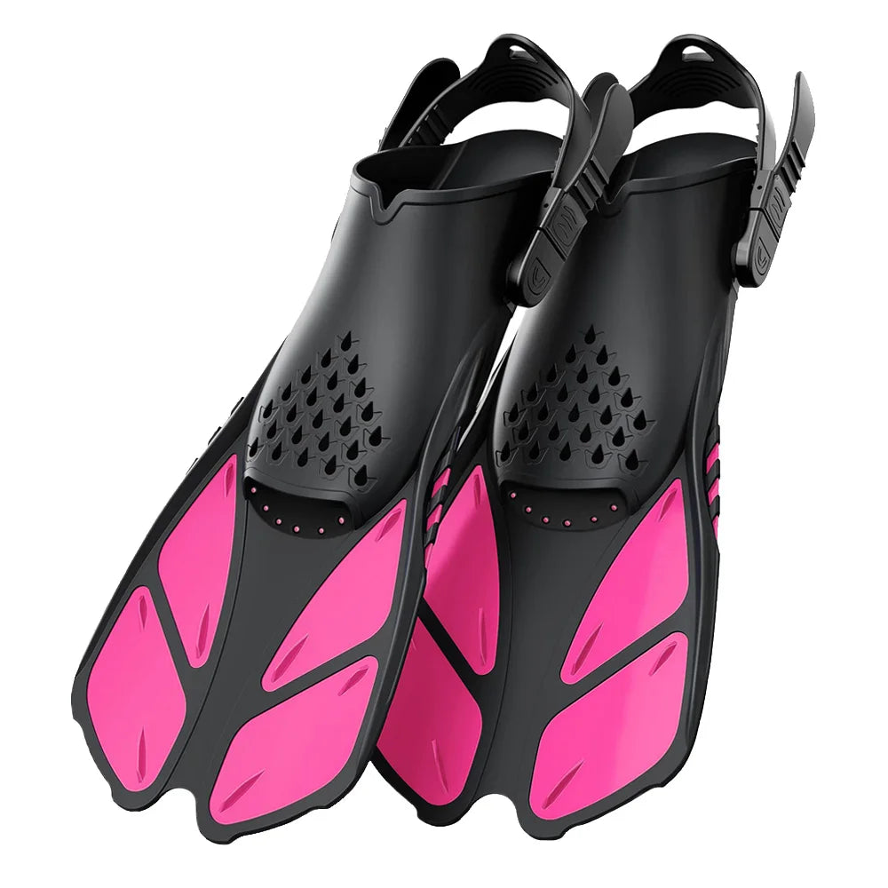 Aletas de snorkel con hebillas ajustables, aletas de natación cortas de silicona, zapatos de buceo con tacón abierto, talla de viaje, para adultos, hombres y mujeres